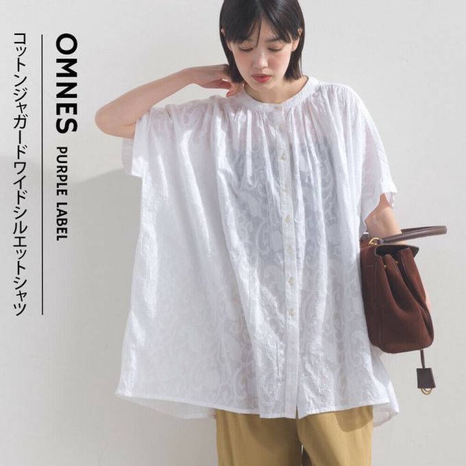 日本 OMNES - 100%棉 透膚感緹花短袖寬版襯衫-黑