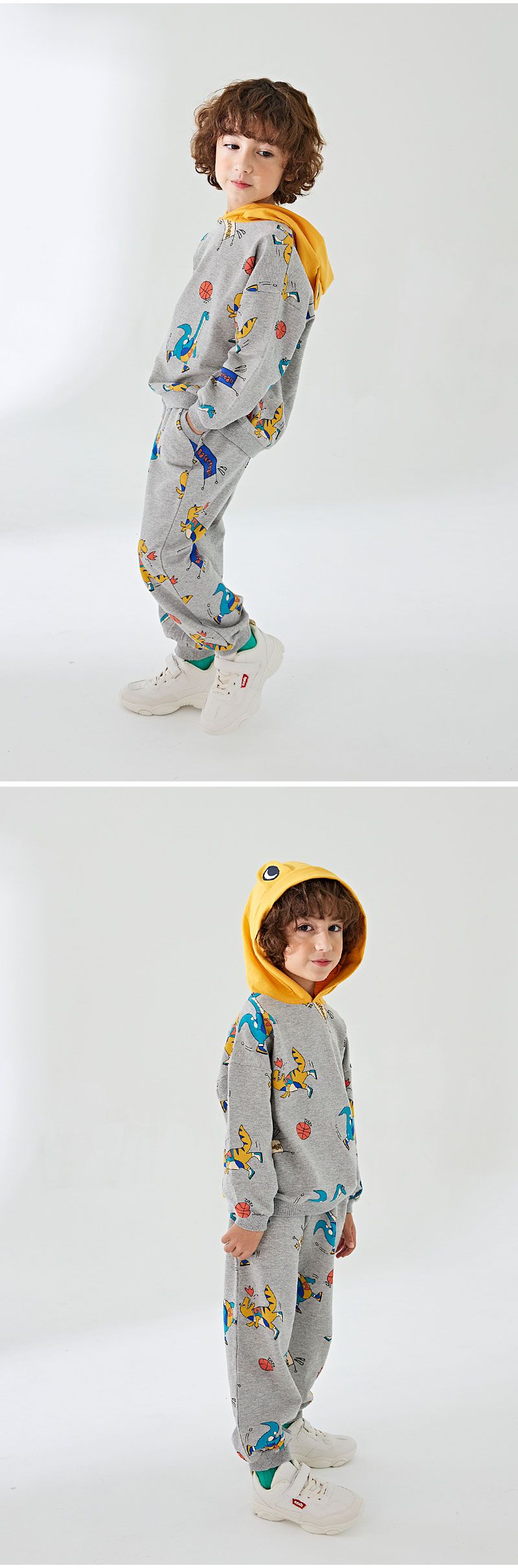 韓國 OZKIZ - 恐龍打籃球縮口連帽套裝-灰