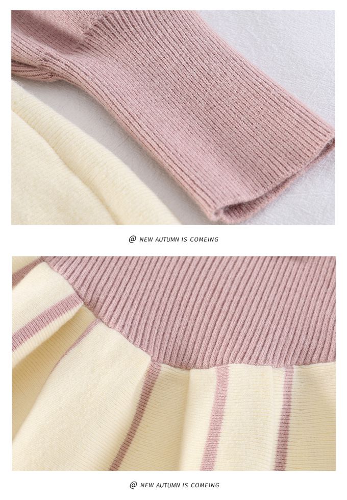 加絨針織半高領連身裙-蝴蝶結-粉+米白