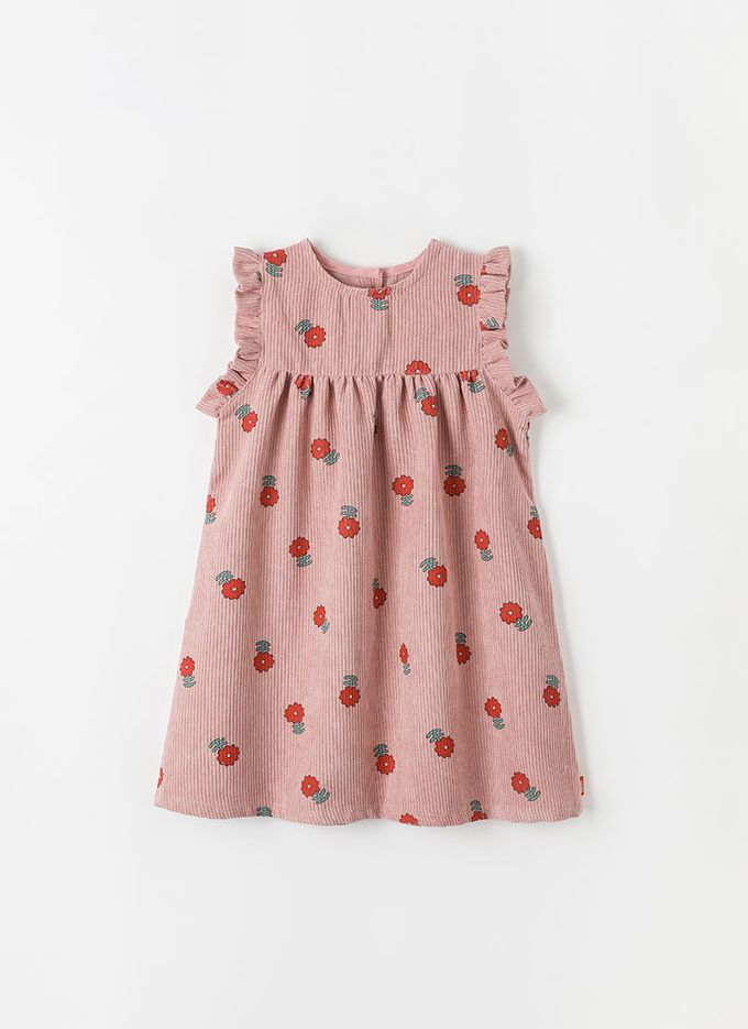 韓國 OZKIZ - 紅花印燈芯絨圓領背心洋裝-暗粉