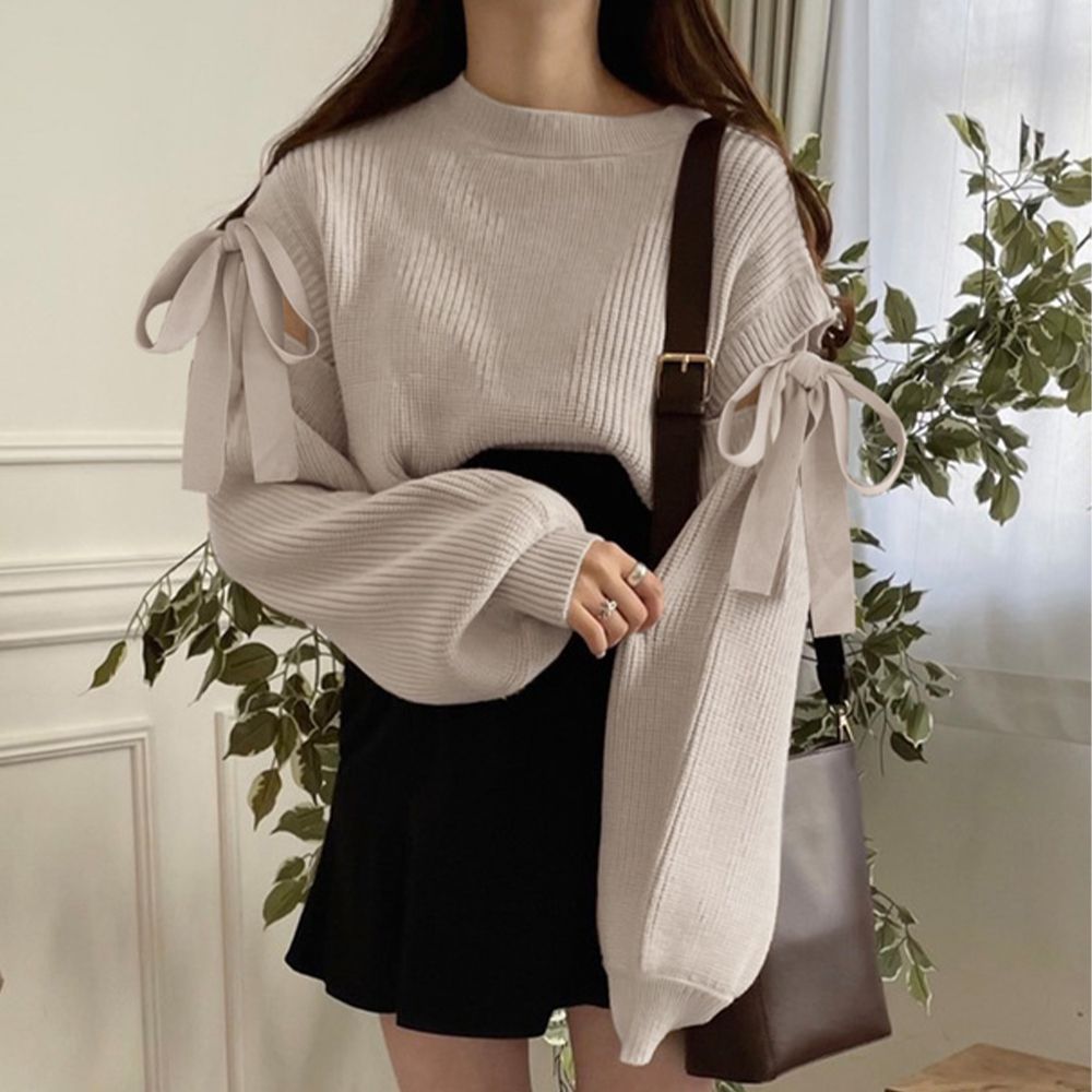 甜美開袖蝴蝶結針織上衣-淺灰杏 (F)