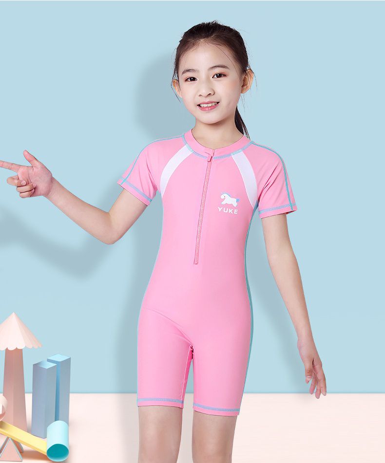 運動風女寶短袖連身泳裝-獨角獸-深藍色