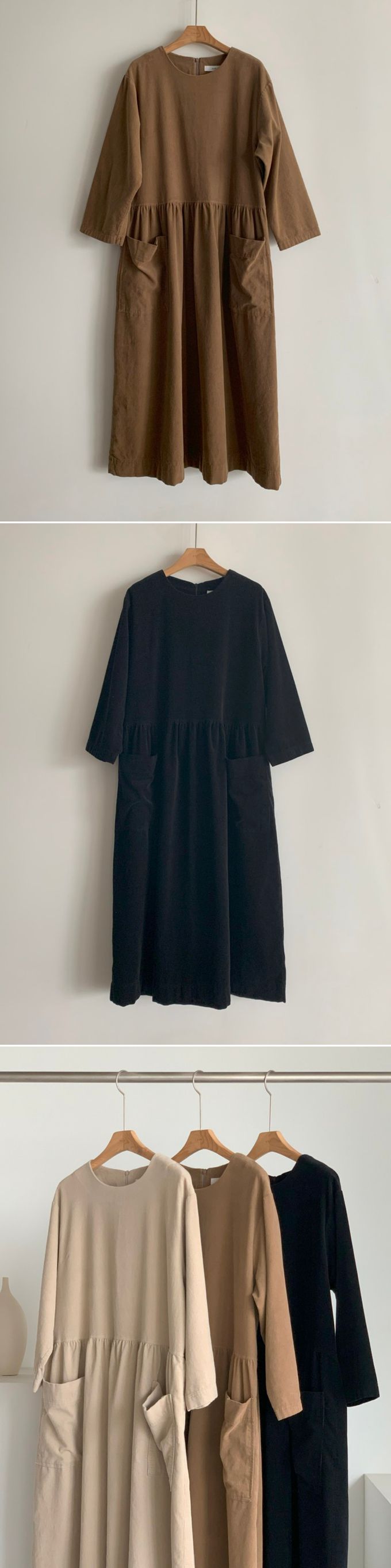 韓國女裝連線 - 極簡大口袋燈芯絨連身洋裝-米杏 (FREE)