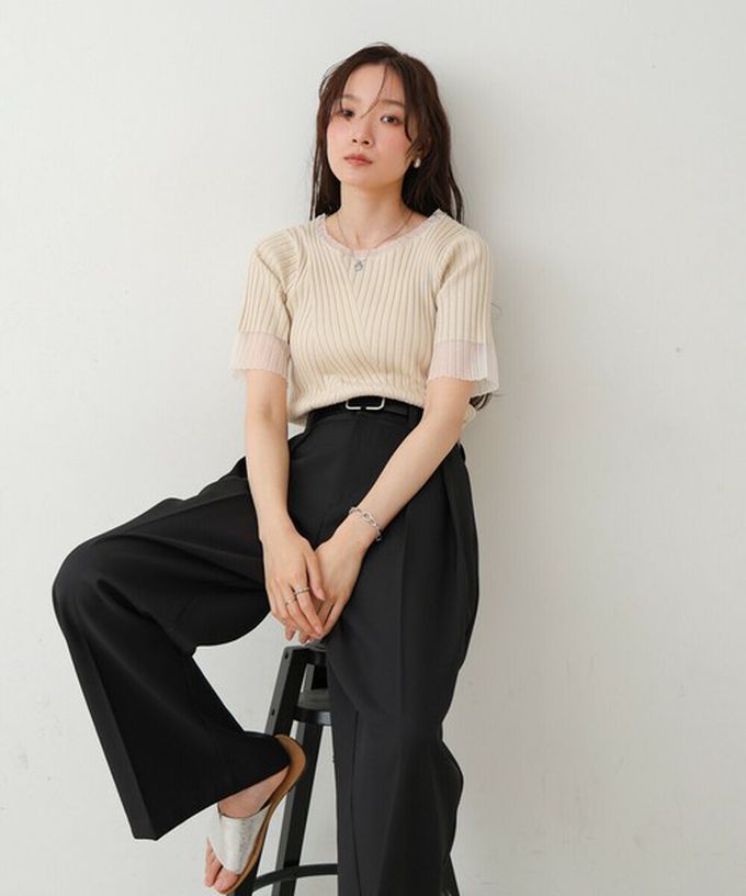 日本 Bab - 柔美異材質顯瘦羅紋五分袖上衣-炭灰