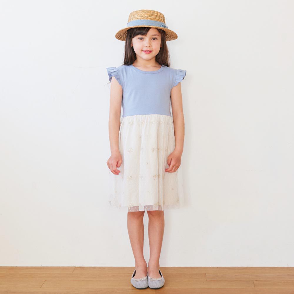 日本 evercloset - 荷葉袖蝴蝶結蕾絲刺繡洋裝-灰藍