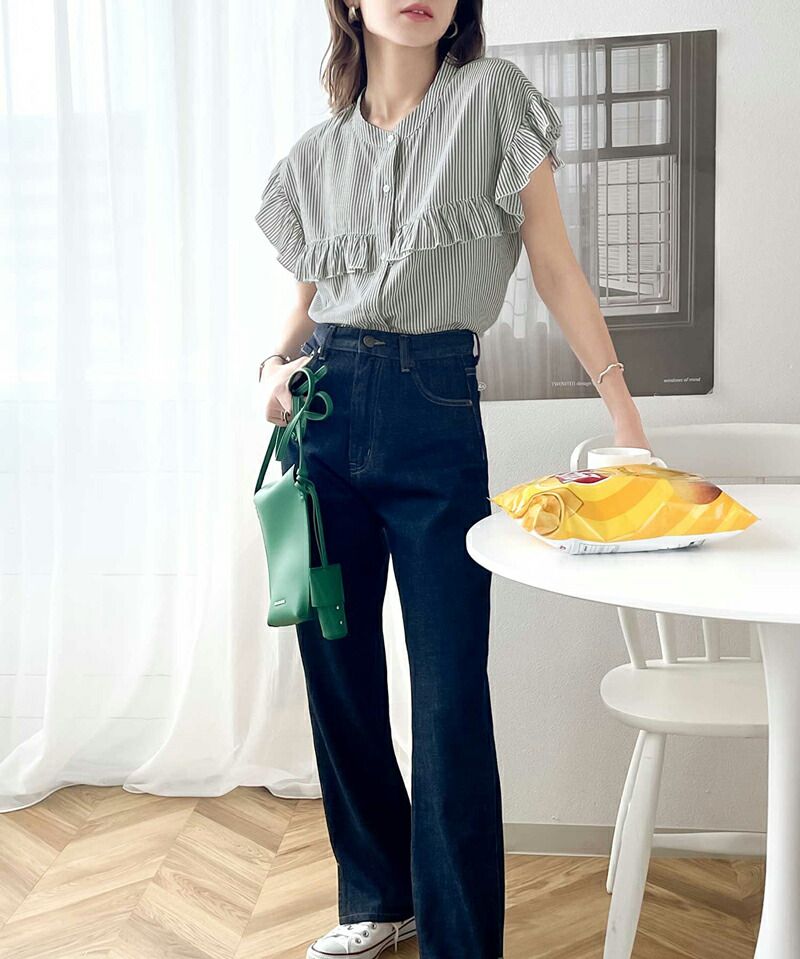 日本 Classical Elf - 荷葉邊點綴圓領短袖襯衫-果綠