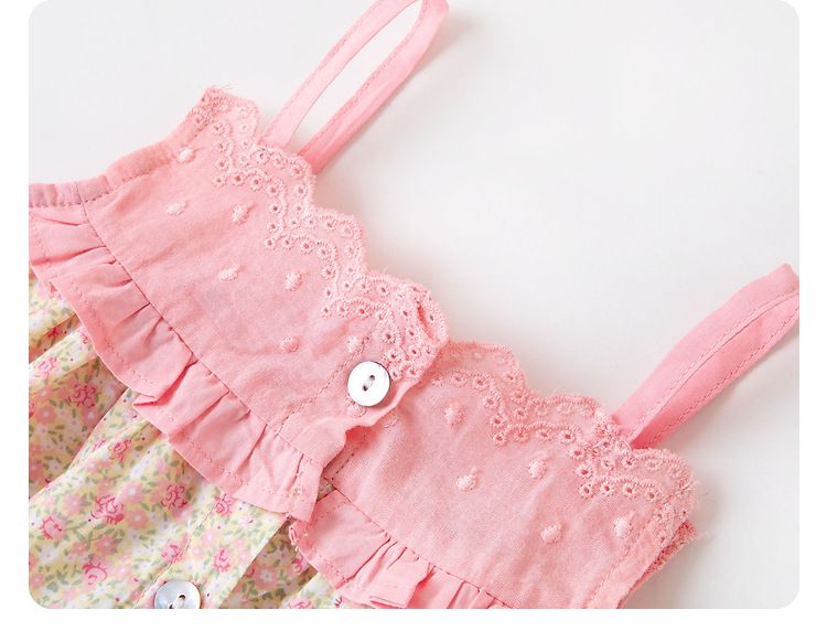 田園風純棉吊帶洋裝-碎花款-粉色