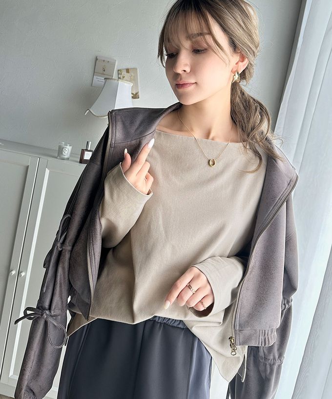 日本 Classical Elf - 一字領寬鬆落肩長袖T恤-炭灰