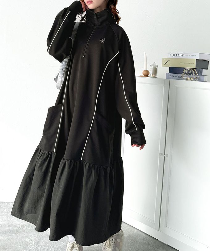 日本 Classical Elf - 異素材荷葉拼接半拉鍊寬版長袖洋裝-炭灰