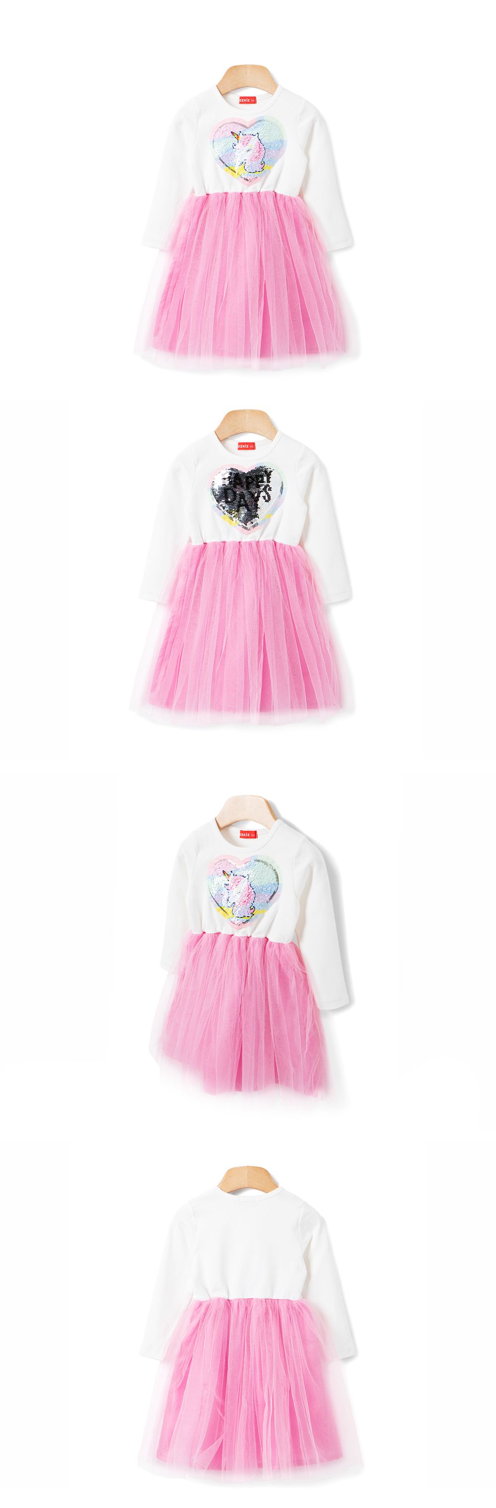 韓國 OZKIZ - 亮片獨角獸網紗長袖拼接洋裝