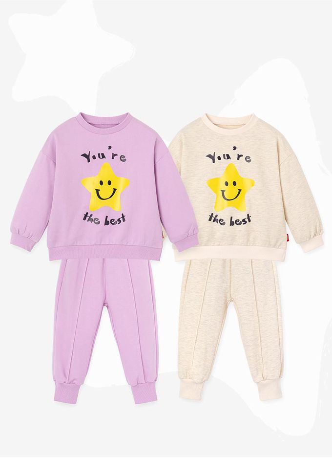 韓國 OZKIZ - 微笑STAR圓領長袖套裝-粉紫