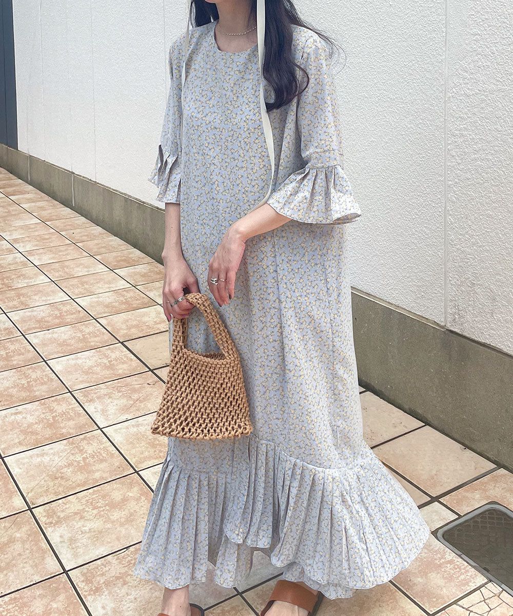 日本 Bab - 圓領碎花糖果袖洋裝-奶油白