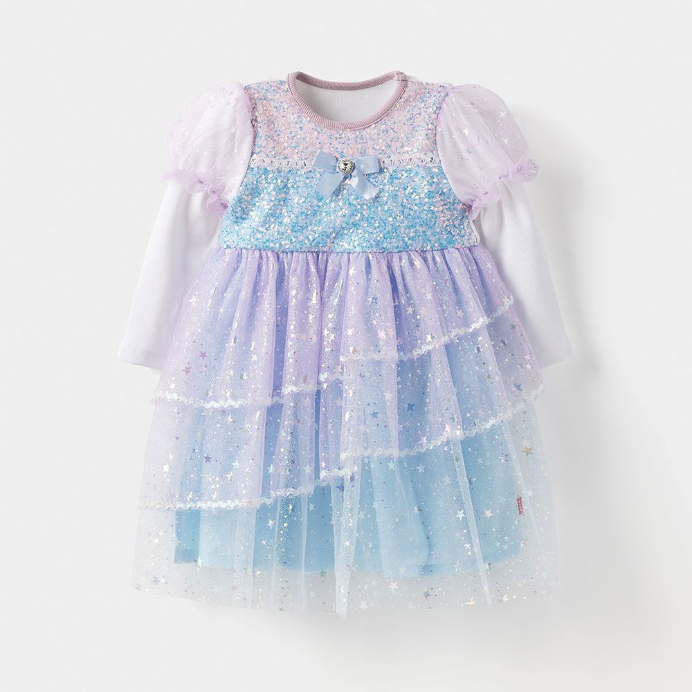 夢幻星河亮片網紗長袖公主洋裝-藍紫