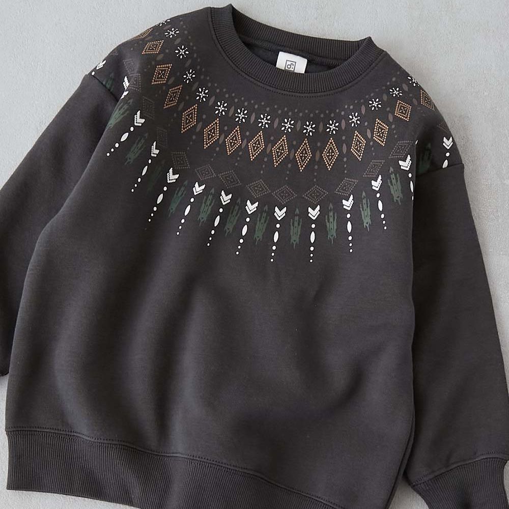 熱銷定番 裏起毛落肩大學長袖上衣-北歐圖騰-灰黑