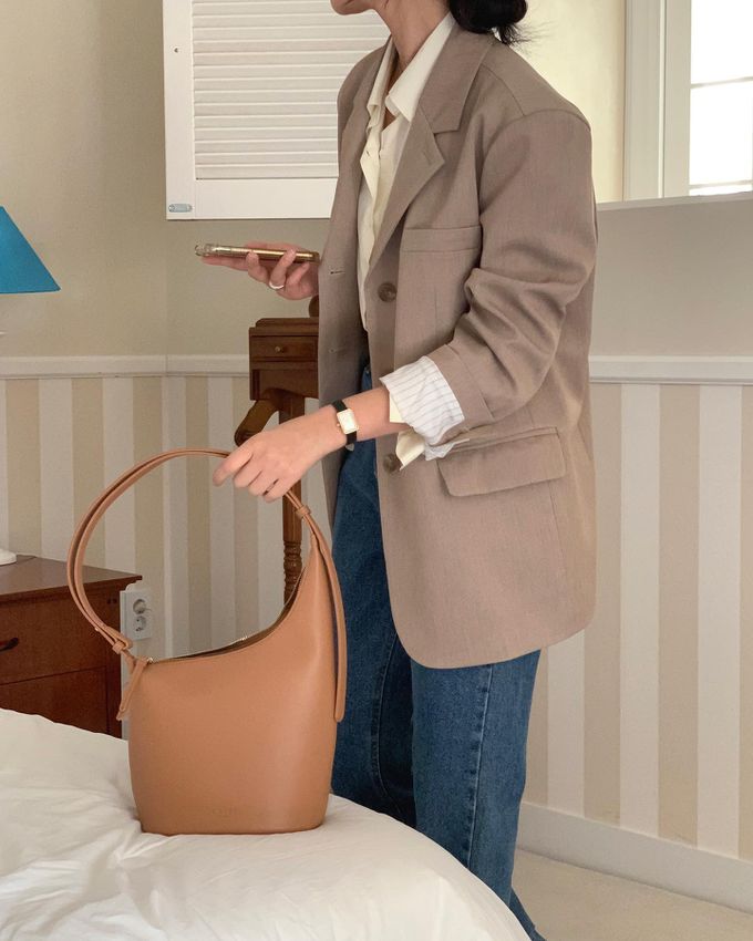 韓國lemego - 牛皮霧面可調整肩背/手提包(Sally)-焦糖棕