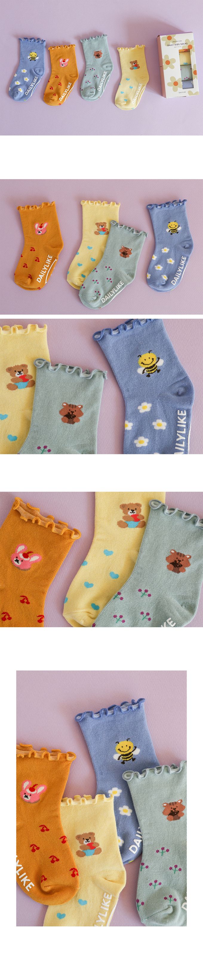 韓國 Daily Like - 兒童襪子(荷葉中筒襪)4入組-小動物