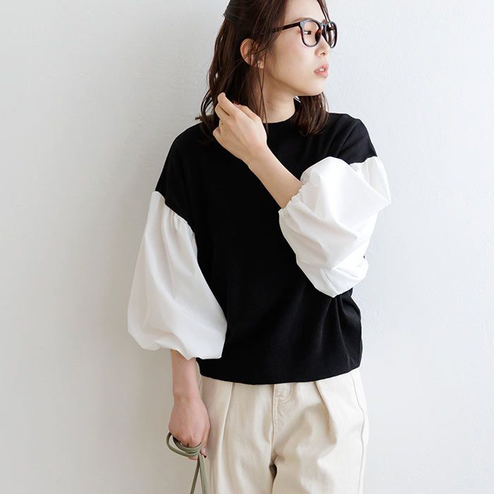 日本 ihuu - 氣球袖拼接薄針織上衣-黑x白