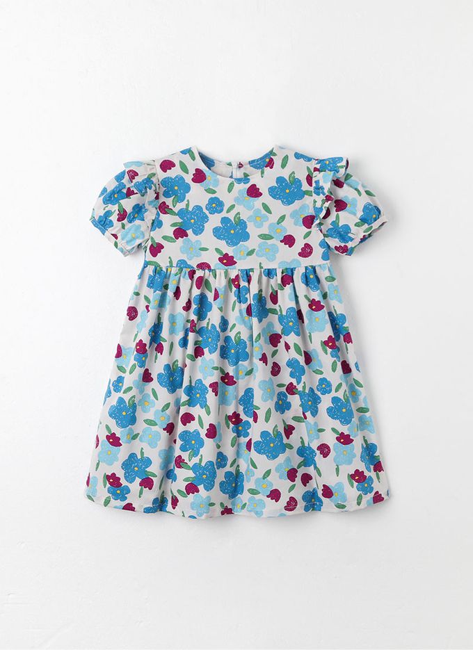 韓國 OZKIZ - 塗鴉花荷葉拼袖連身洋裝-灰藍