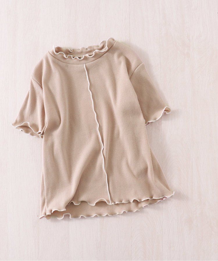 日本 apres les cours - 浪漫滾邊設計羅紋短袖上衣-卡其