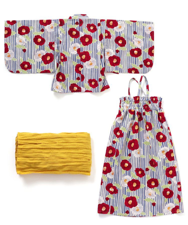 日本 apres les cours - 華麗腰帶風純棉二件式浴衣-椿花-紅藍條紋