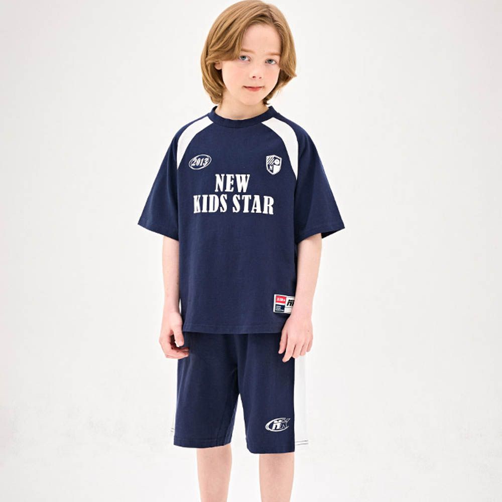 街頭風五分袖上衣X短褲套裝-深藍