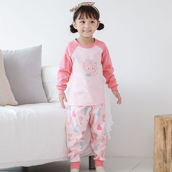 正韓 Cogibu - 極舒適無螢光劑 100% 有機棉(雙面)幼兒/兒童長袖睡衣/家居服套裝組-梨子貓