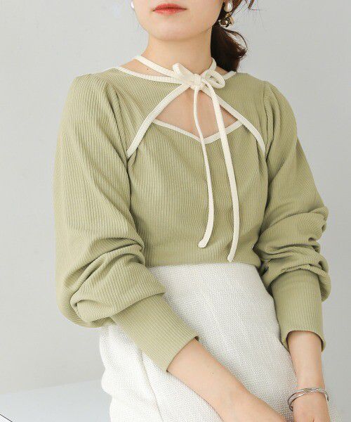 日本 Bab - 2WAY氣質綁帶羅紋泡泡袖上衣-米杏