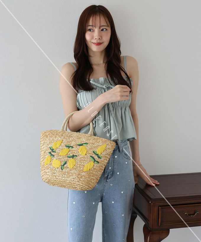 日本 BLUE EAST - 可愛水果刺繡夏日草編手提包-櫻桃
