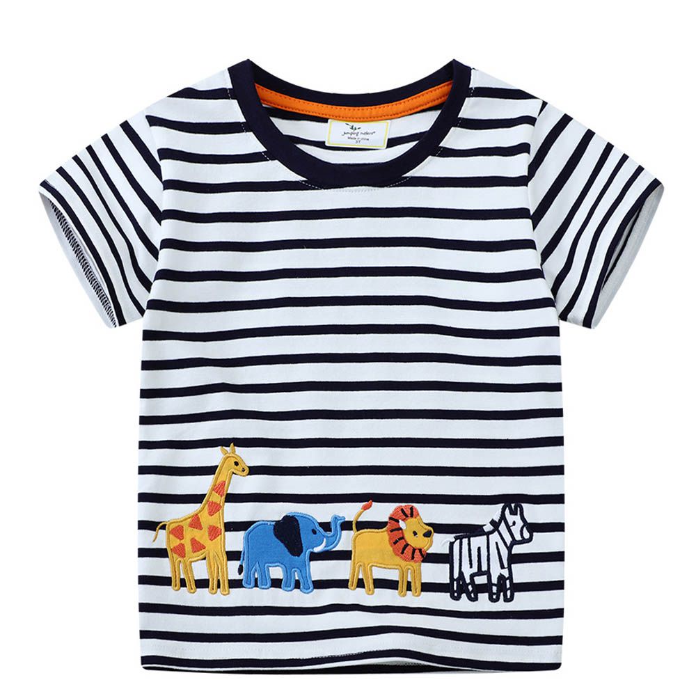 棉質圓領短袖上衣-動物排隊中-黑白條紋