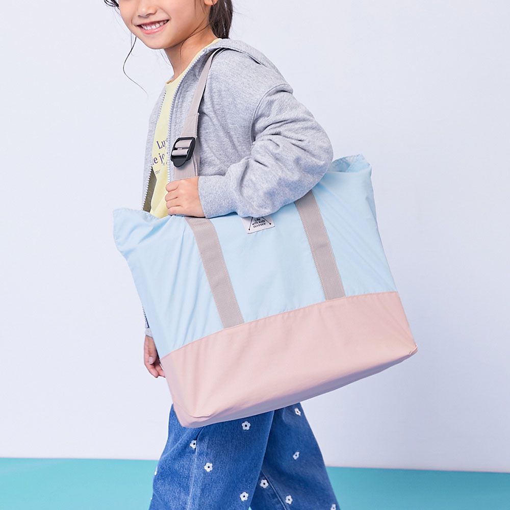撞色輕量大方肩背上學提袋(背帶可調)-水藍x粉紅 (33x42cm)