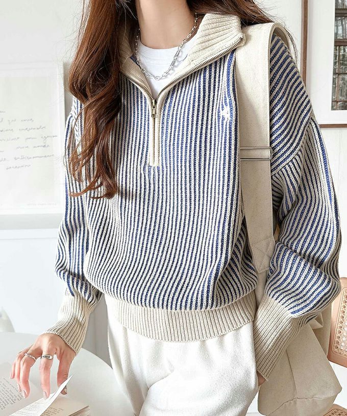 日本 Classical Elf - 半拉鍊線條感 logo刺繡配色針織衫-紅x藍