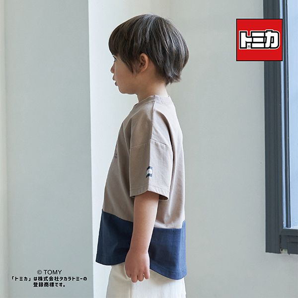 日本 b-ROOM - TOMICA聯名 印花短袖上衣-撞色-白x卡其