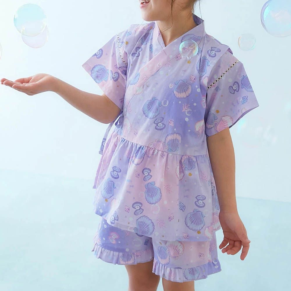 [推薦]夢幻女孩荷葉邊甚平套裝-貝殼-粉紫