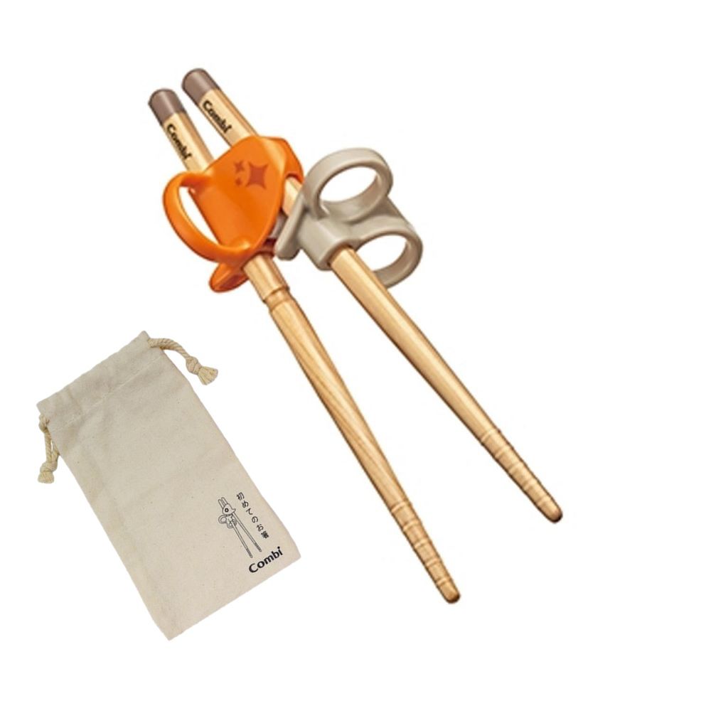 日本 Combi - 木製三階段彈力學習筷-左手-元氣橘-日本製+贈學習筷環保收納袋