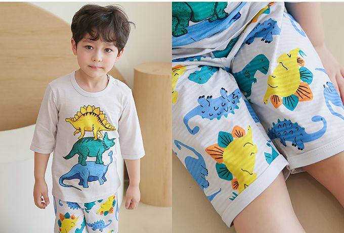 正韓 Puco - 超優質嬰幼兒/兒童七分袖100% 有機純棉家居服/睡衣-恐龍疊疊樂