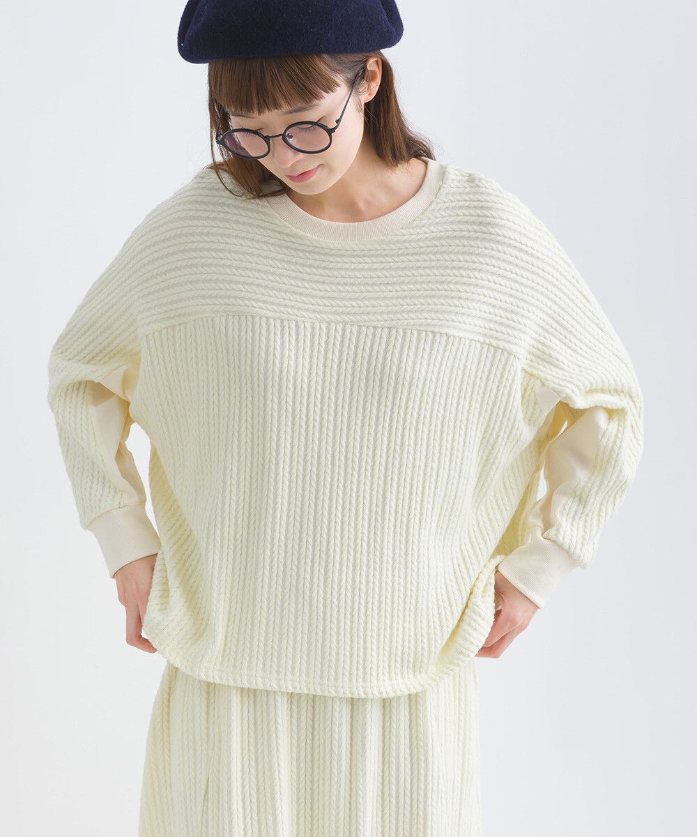 日本女裝代購 - 拼接撞色寬袖麻花針織上衣-灰