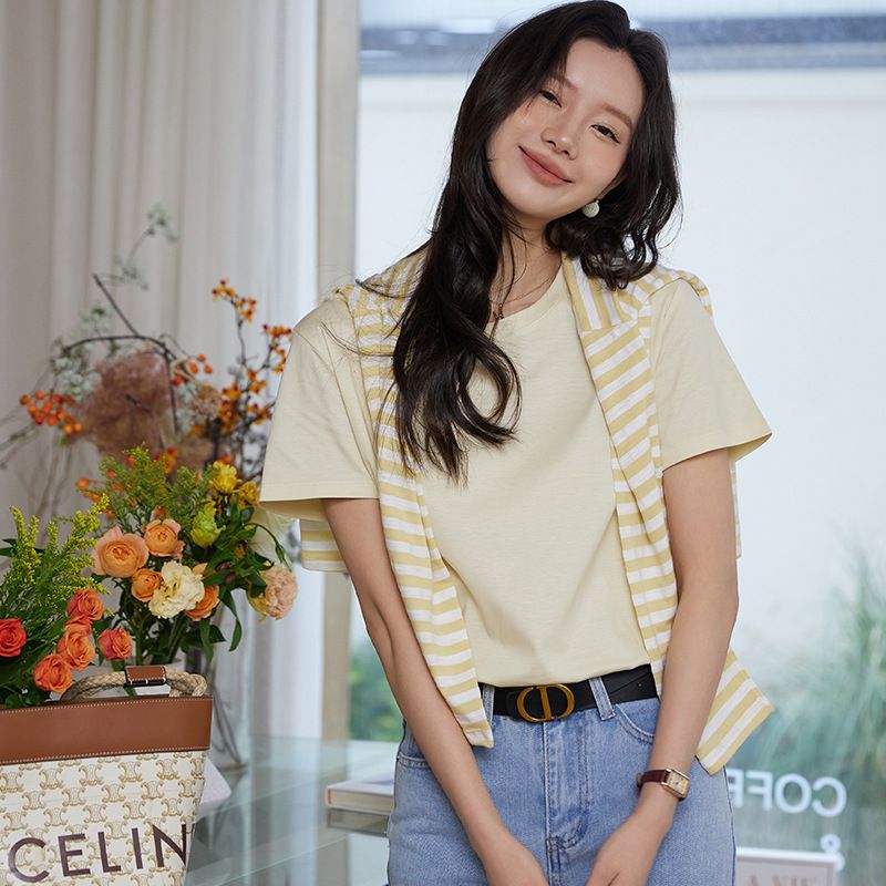 糖果色絲光棉圓領短袖上衣-白色