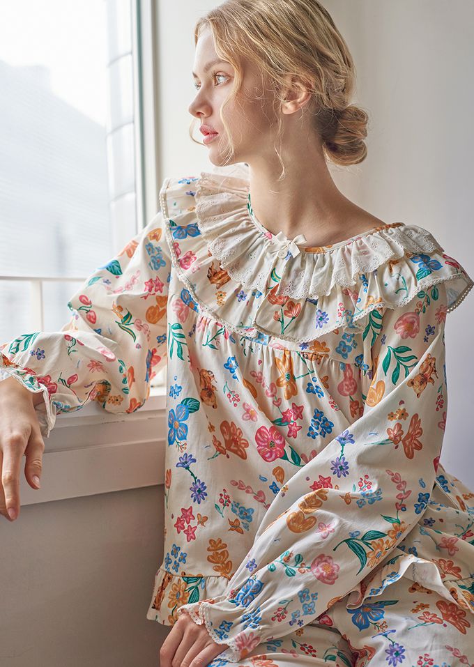 韓國 ULLALA - 童話熊花園荷葉領長袖睡衣套裝-淡黃 (FREE)