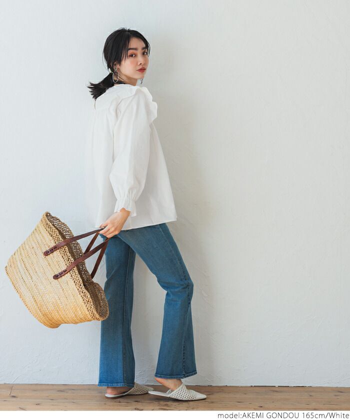 日本 COCA - 古典荷葉邊糖果袖寬鬆長袖上衣-白