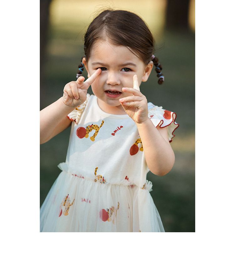 網紗公主袖連身洋裝-豹紋貓貓-白色