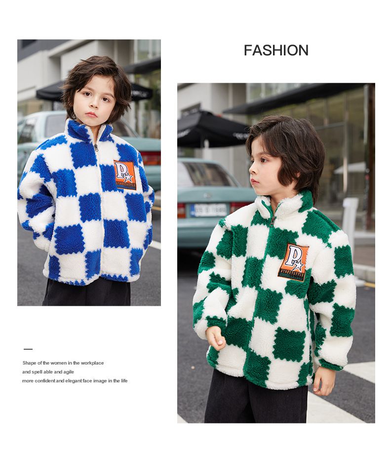 羊羔絨兒童保暖外套-帥氣格紋-綠色