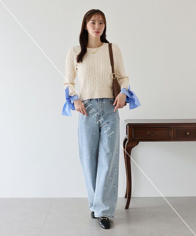 日本 BLUE EAST - 亮麗蝴蝶結緞帶袖麻花針織上衣-海軍藍