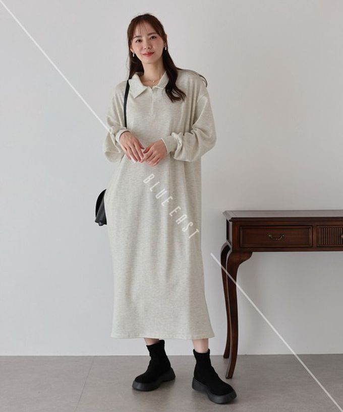 日本 BLUE EAST - 半拉鏈時尚休閒長袖洋裝-象牙白