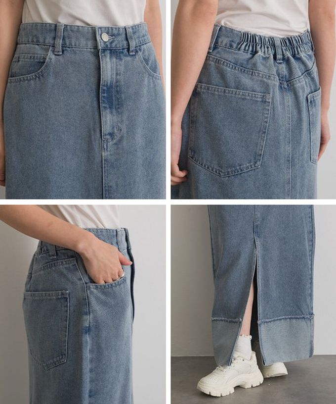 日本 ELENCARE DUE - 10oz抽鬚摺邊俐落前開叉牛仔長裙-海軍藍