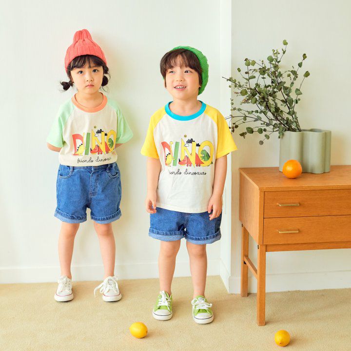 韓國 Hanab - DINO王國拼接色純棉T-黃