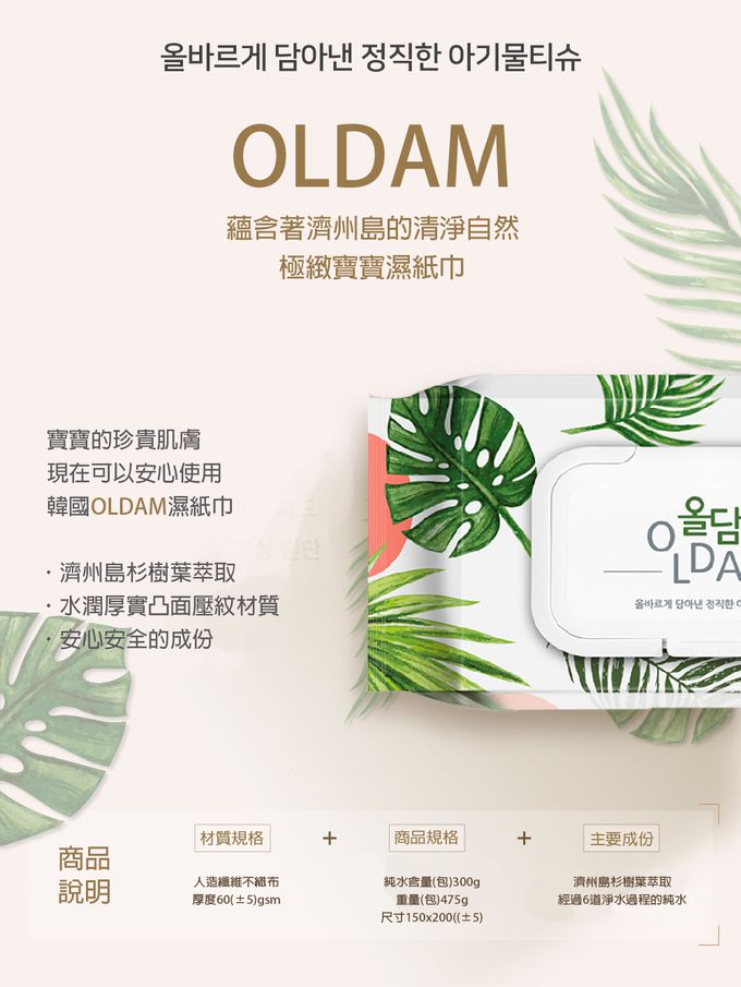 韓國 OLDAM - 韓國媽媽安心推薦 寶寶濕紙巾 熱帶雨林 無味 有蓋 大包 70抽X10包 (箱購)
