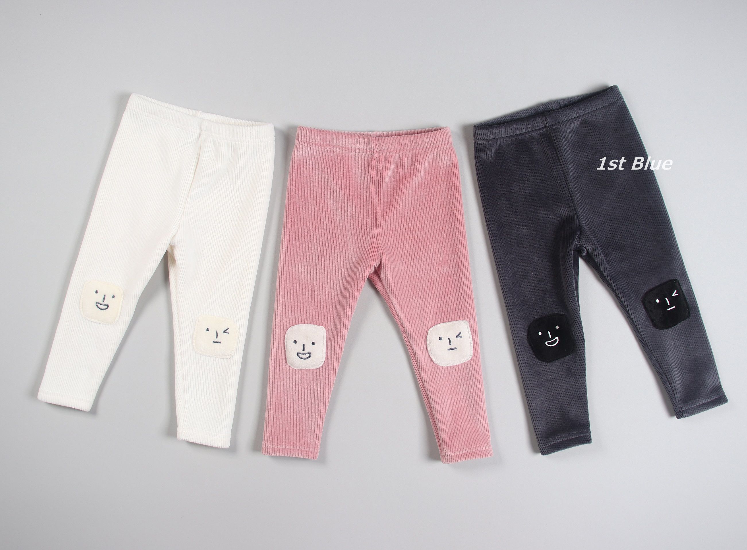 韓國 First Blue - 表情補丁縮緊褲頭長褲(裏起毛)-黑