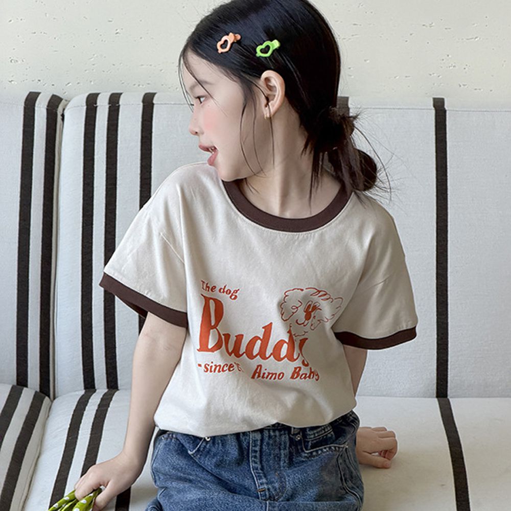 手繪風美式休閒純棉短袖上衣-Dog-杏色