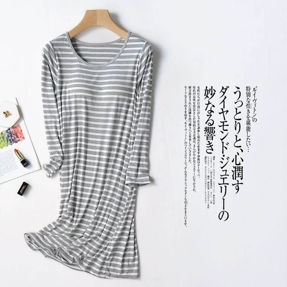 莫代爾柔軟長袖Bra T睡裙-灰白條紋
