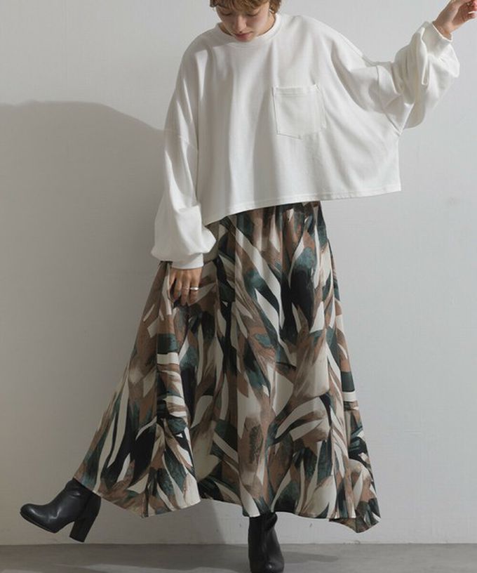 日本 Lupilien - 油畫線條感印花飄逸長裙(附口袋)-綠棕系